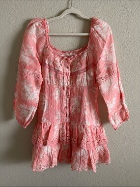 LoveShackFancy Coral Pink Floral Lace-Tiered Mini Dress